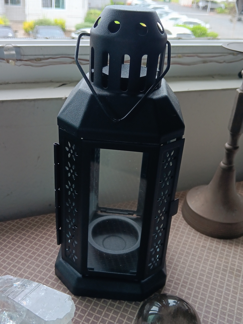 Candle Lantern, Black Metal w/ Glass Panels, Nwts..